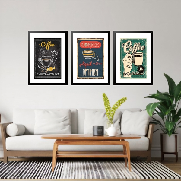 Kit 3 Quadros Grandes Hot Coffee Vintage 60x48cm Moldura Bran