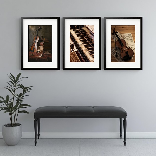 Kit 3 Quadros Grandes Instrumentos Clássicos - 60x48cm Moldur