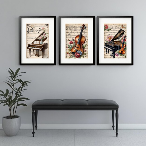 Kit 3 Quadros Grandes Instrumentos Clássicos Flores - 60x48cm