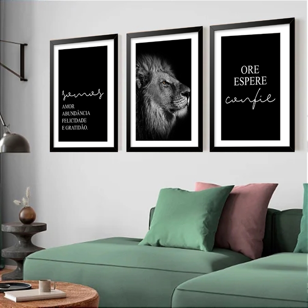 Kit 3 Quadros Grandes Leão Ore Espere Confie 60x48cm Moldura