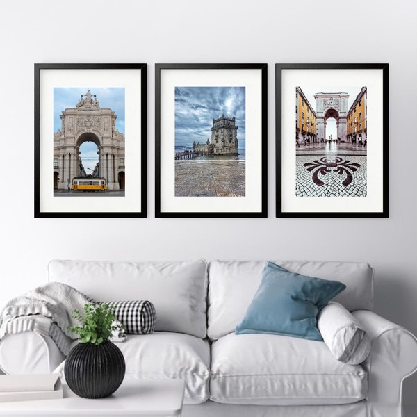 Kit 3 Quadros Grandes Lisboa Turismo - 60x48cm Moldura Branca