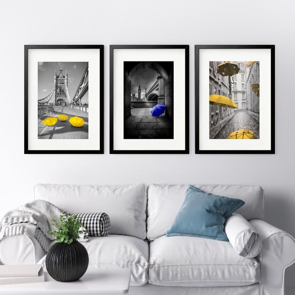 Kit 3 Quadros Grandes Londres Guarda Chuvas - 60x48cm Moldura