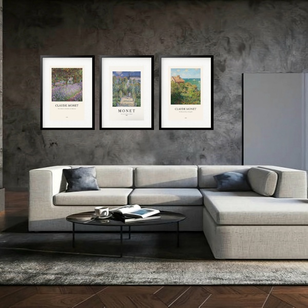 Kit 3 Quadros Grandes Monet Garden Collection 60x48cm Moldura