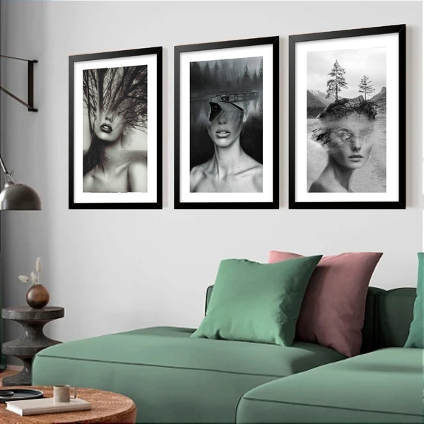 Kit 3 Quadros Grandes Mulheres Surrealismo Floresta 60x48cm M