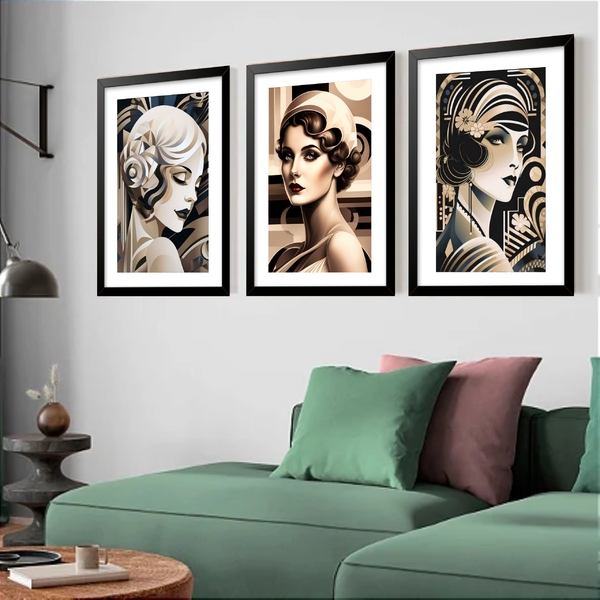 Kit 3 Quadros Grandes Mulheres Vintage 60x48cm Moldura Branca