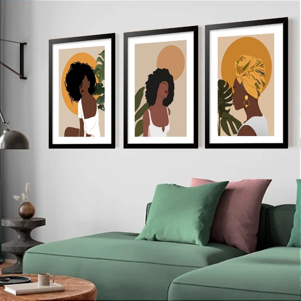 Kit 3 Quadros Grandes Negras Boho 60x48cm Moldura Branca