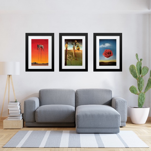 Kit 3 Quadros Grandes Obras De Dalí - 60x48cm Moldura Preta