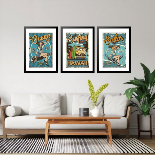 Kit 3 Quadros Grandes Ocean Vintage 60x48cm Moldura Preta