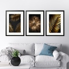 Kit 3 Quadros Grandes Plantas Douradas - 60x48cm Moldura Preta