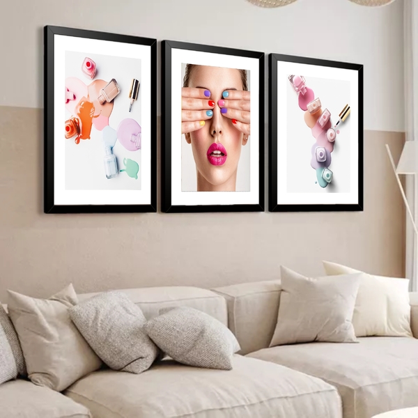 Kit 3 Quadros Grandes Polish Nail 60x48cm Moldura Branca