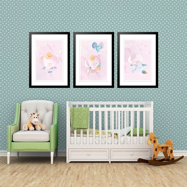 Kit 3 Quadros Grandes Quarto Infantil Baby Elefante 60x48cm M