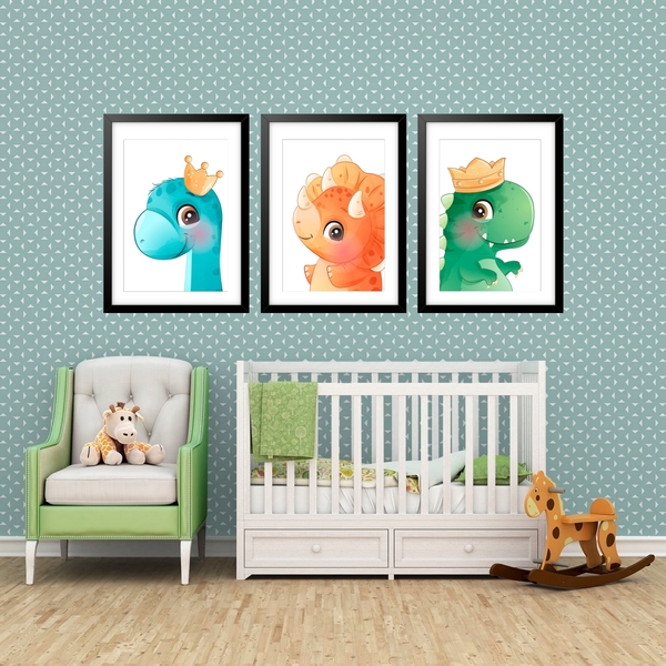 Kit 3 Quadros Grandes Quarto Infantil Dino Baby 60x48cm Moldu