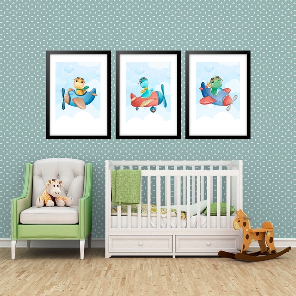 Kit 3 Quadros Grandes Quarto Infantil Dinos Avião 60x48cm Mol
