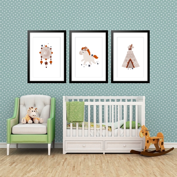 Kit 3 Quadros Grandes Quarto Infantil Indígena 60x48cm Moldur