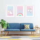 Kit 3 Quadros Grandes Quarto Infantil Unicórnio 60x48cm Moldu