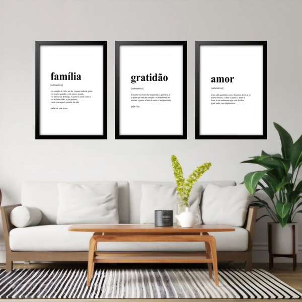 Kit 3 Quadros Grandes Significados Família Gratidão Amor 60x4