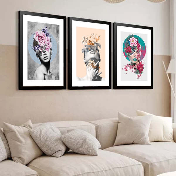 Kit 3 Quadros Grandes Surrealismo Mulheres Flores 60x48cm Mol