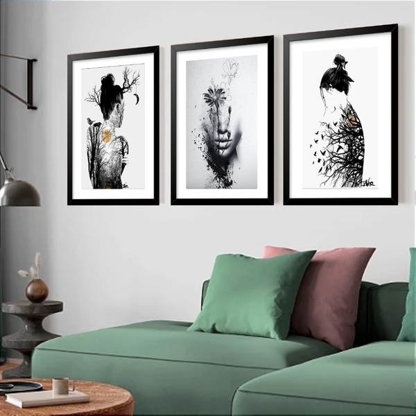 Kit 3 Quadros Grandes Surrealismo Mulheres Floresta 60x48cm M