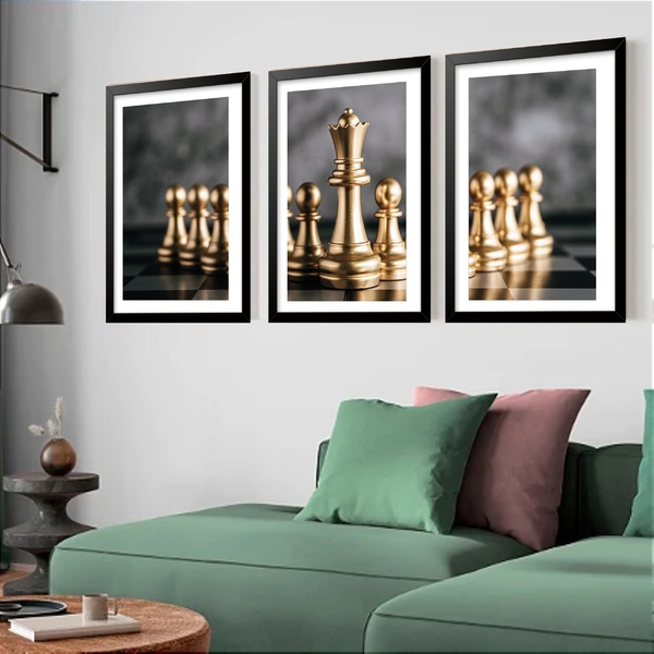 Kit 3 Quadros Grandes Tabuleiro Xadrez 60x48cm Moldura Branca