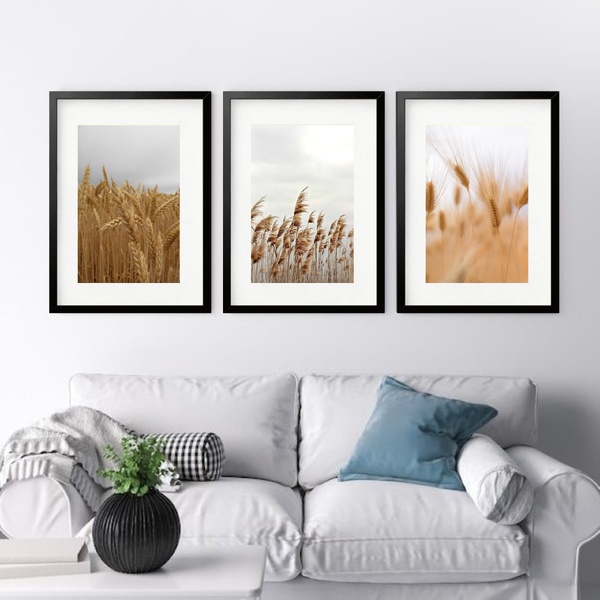 Kit 3 Quadros Grandes Trigo - 60x48cm Moldura Preta