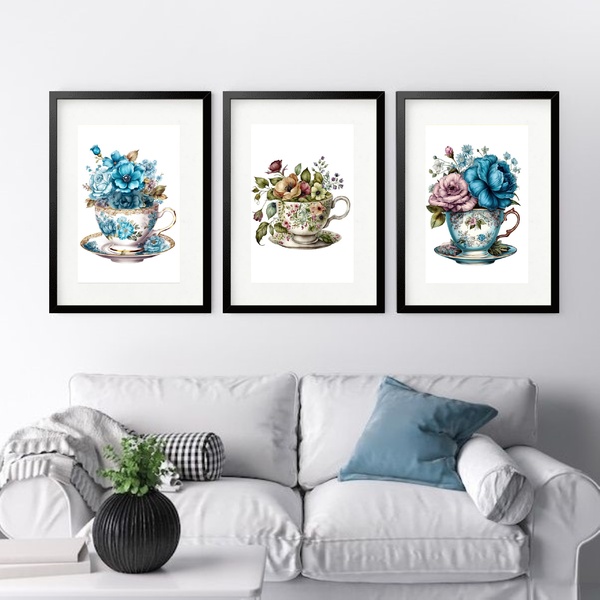 Kit 3 Quadros Grandes Xícaras Flores - 60x48cm Moldura Preta