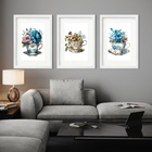 Kit 3 Quadros Grandes Xícaras Flores - 60x48cm Moldura Preta