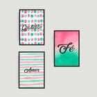 Kit 3 Quadros Gratidão, Amor, Fé Rosa/verde 45x34cm - Com Vid