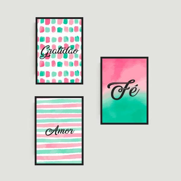 Kit 3 Quadros Gratidão, Amor, Fé Rosa/verde 45x34cm - Com Vid