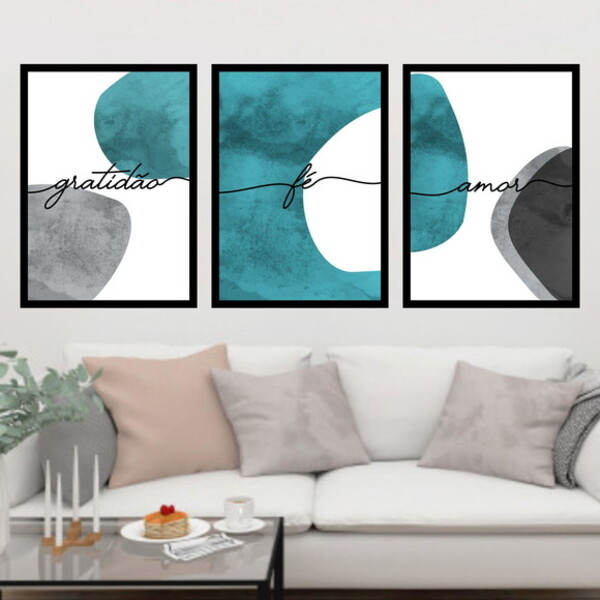 Kit 3 Quadros Gratidão, Fé, Amor - Turquesa 24x18cm - Com Vid