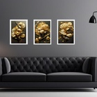 Kit 3 Quadros Gravuras Flores Douradas 33x24cm - Com Vidro Mo