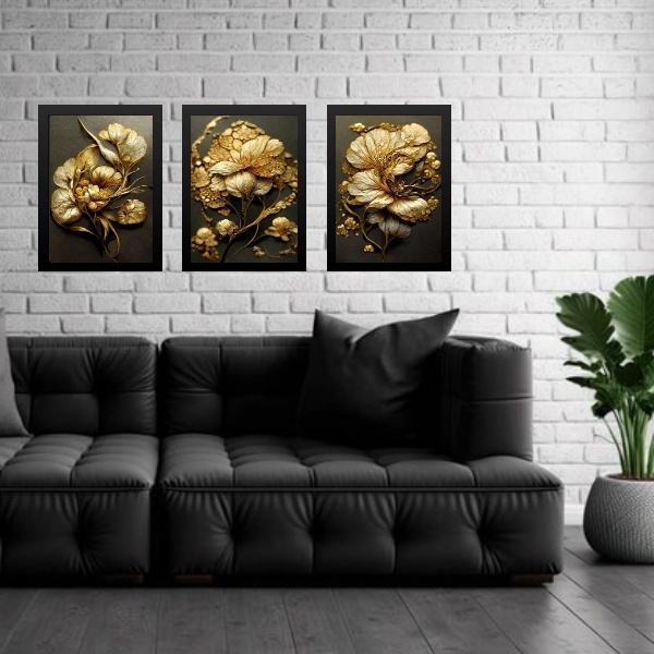 Kit 3 Quadros Gravuras Flores Douradas 33x24cm - Com Vidro Mo