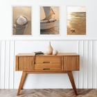 Kit 3 Quadros Gravuras Praia Bege - Barco E Conchas 33x24cm -