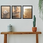 Kit 3 Quadros Gravuras Praia Bege - Barco E Conchas 33x24cm -