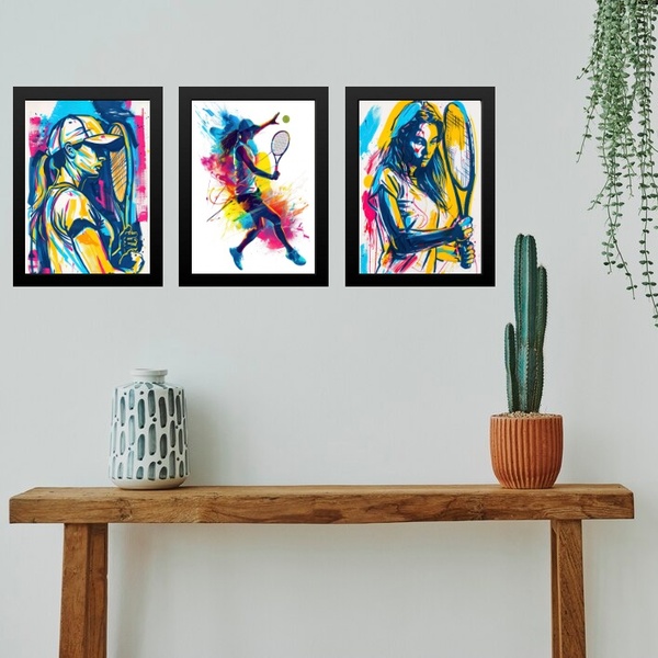 Kit 3 Quadros Gravuras Tenistas - Mulher 45x34cm Moldura Preta
