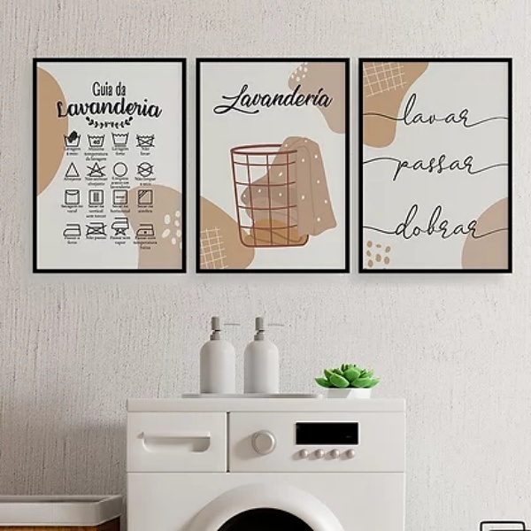 Kit 3 Quadros Guia Para Lavanderia 45x34cm Moldura:madeira Pr