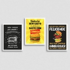 Kit 3 Quadros Hambúrguer Frases 24x18cm - Com Vidro Moldura:m