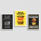 Kit 3 Quadros Hambúrguer Frases 45x34cm - Com Vidro Moldura:m