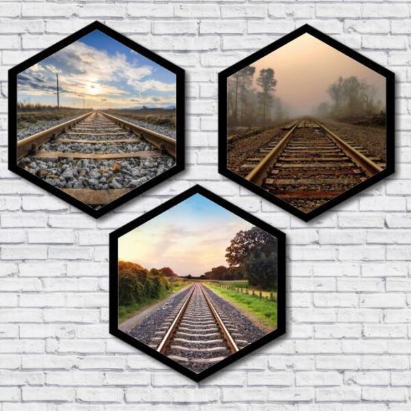 Kit 3 Quadros Hexagonais Paisagem Trilho Trem