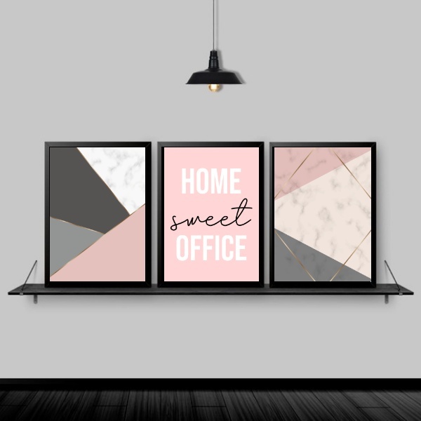 Kit 3 Quadros Home Office Feminino Rosa 24x18cm - Com Vidro M