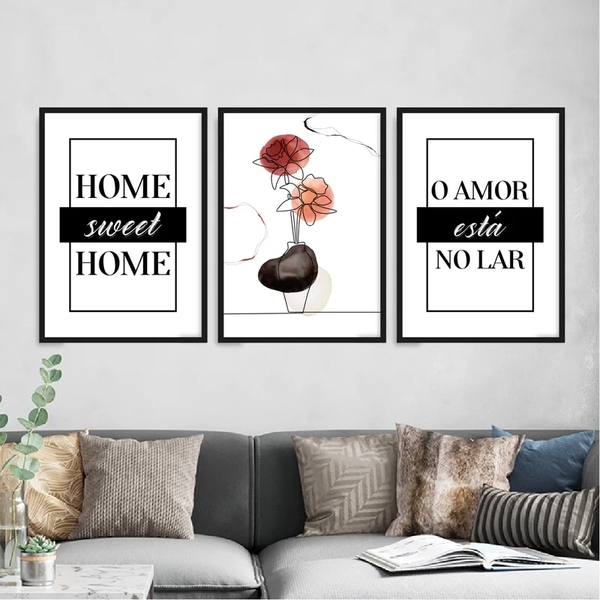 Kit 3 Quadros Home Sweet Home- Flor 33x24cm - Com Vidro Moldu