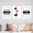 Kit 3 Quadros Home Sweet Home- Flor 33x24cm - Com Vidro Moldu