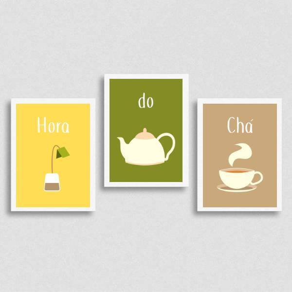 Kit 3 Quadros Hora Do Chá 24x18cm Moldura:madeira Preta