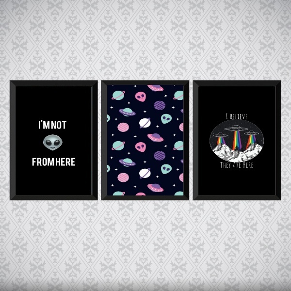 Kit 3 Quadros I Believe Ovnis 24x18cm Moldura:madeira Branca