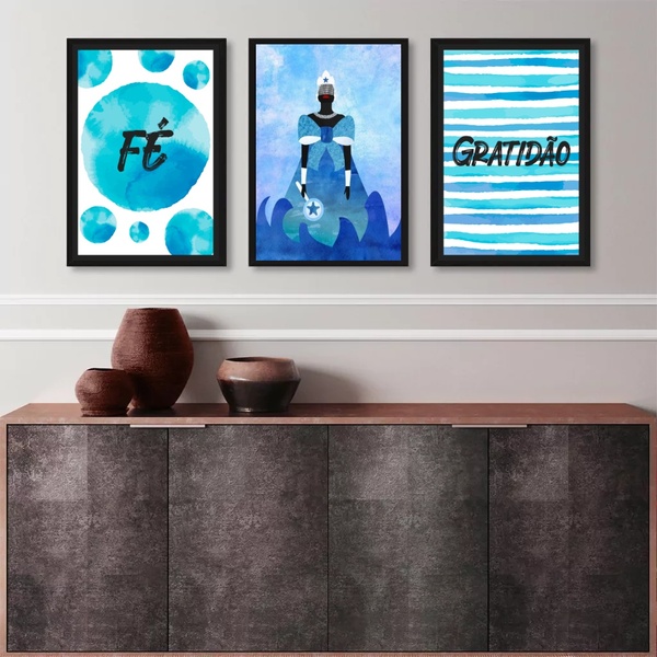 Kit 3 Quadros Iemanjá - Fé E Gratidão 24x18cm Moldura:madeira