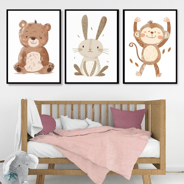 Kit 3 Quadros Infantis Animal Minimalistas 33x24cm - Com Vidr
