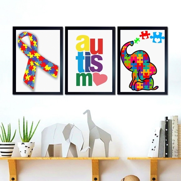 Kit 3 Quadros Infantis Autismo 45x34cm - Com Vidro Moldura:ma