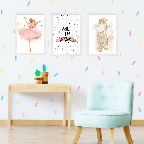 Kit 3 Quadros Infantis Bailarina - Cristão 45x34cm - Com Vidr