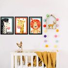 Kit 3 Quadros Infantis Bichos Do Safari 24x18cm Moldura Preta