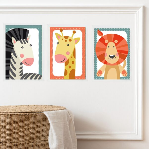 Kit 3 Quadros Infantis Bichos Do Safari 45x34cm - Com Vidro M