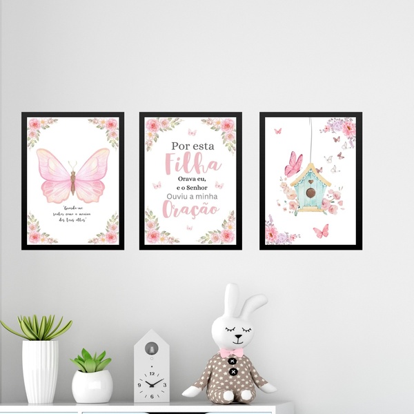 Kit 3 Quadros Infantis Cristãos - Borboleta Rosa 24x18cm - Co